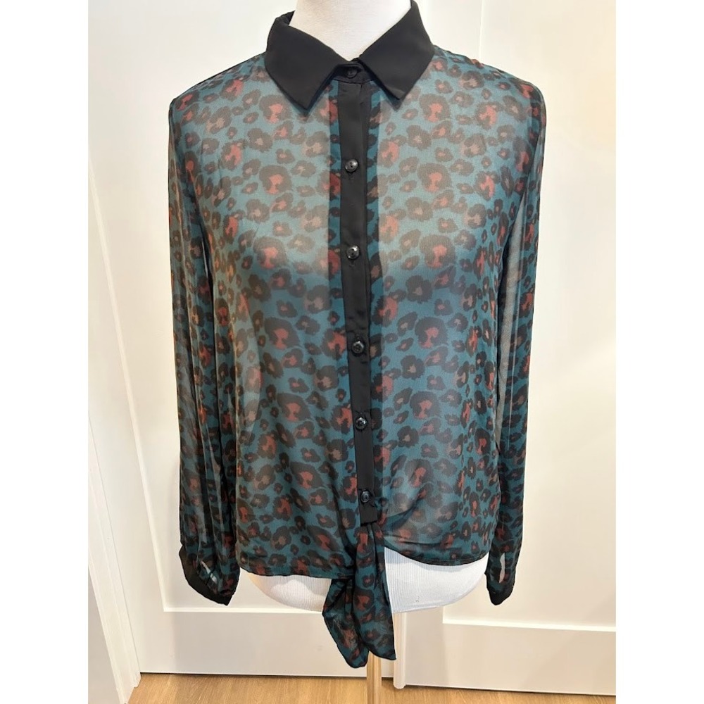 Vintage Sheer Green Leopard Print Tie‎ Front Long Sleeve Blouse A'Gaci Size L